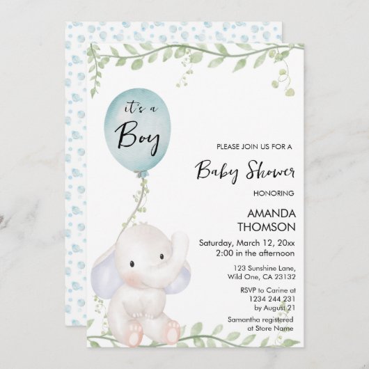 Baby shower Eléphant mignon Invitation (Devant / Derrière)