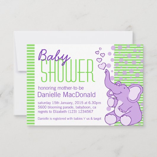 Baby shower Eléphant mou vert violet invitation (Devant)