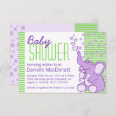 Baby shower Eléphant mou vert violet invitation (Devant / Derrière)
