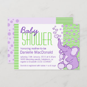 Baby shower Eléphant mou vert violet invitation