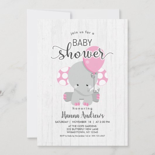 Baby shower éléphant rose bois blanc Invitation (Devant)