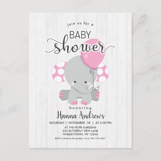 Baby shower éléphant rose bois blanc Invitation (Devant)