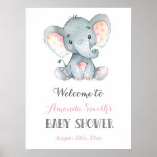 Baby shower éléphant rose et gris Affiche de bienv
