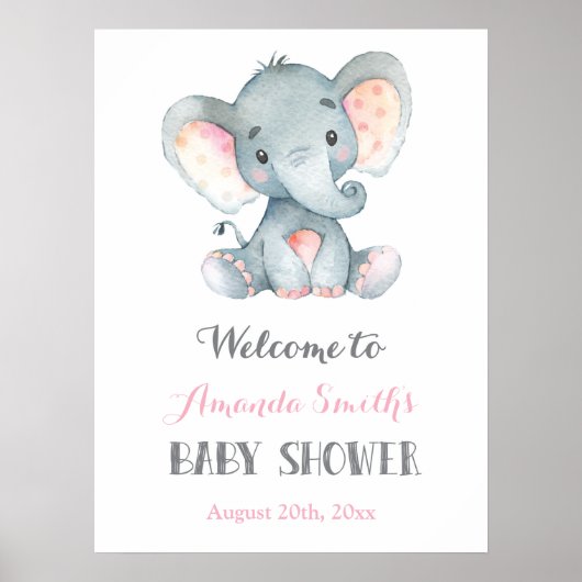 Baby shower éléphant rose et gris Affiche de bienv (Devant)