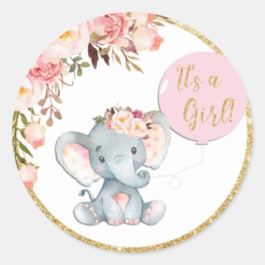 Baby shower Eléphant rose Favoriser Sticker Étique (Devant)