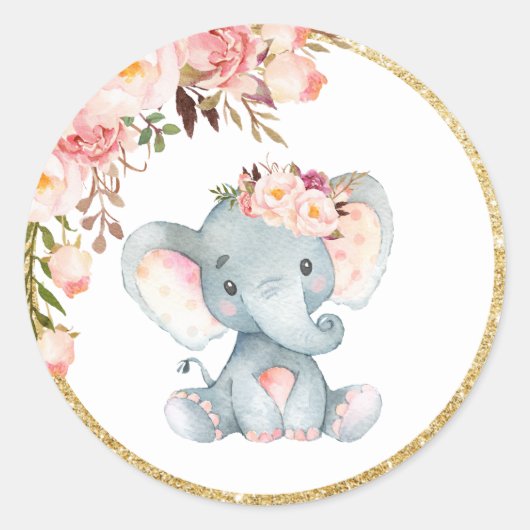 Baby shower Eléphant rose Favoriser Sticker Étique (Devant)