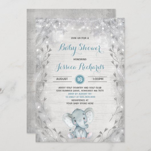 Baby shower Eléphant Rustique Invitation Garçon do (Devant / Derrière)