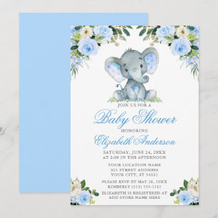 Baby shower Elephant Waterverf Blue Floral Silver Kaart