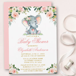 Baby shower Elephant Waterverf Roze Floral Gold Kaart