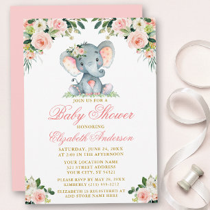 Baby shower Elephant Waterverf Roze Floral Gold Kaart