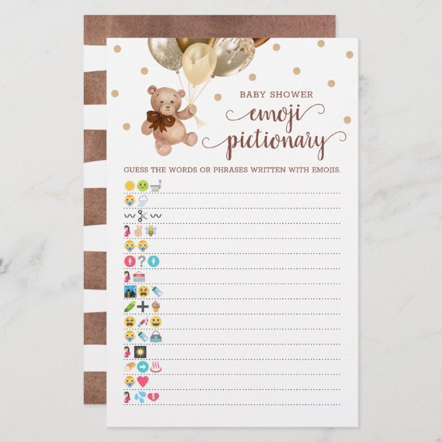 Baby shower Emoji Pictionary Game Teddy Bear Thema (Voorkant / Achterkant)