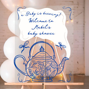 Baby shower en théière bleu rétro bienvenue