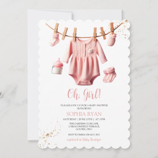 Baby shower en vêtements roses Invitation (Devant)
