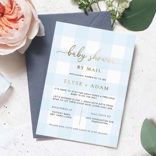 Baby shower En vichy Bleu Par Mail Foil Invitation
