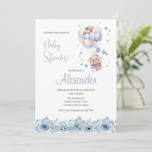 Baby shower espagnol floral bleu invitation garçon (Debout devant)
