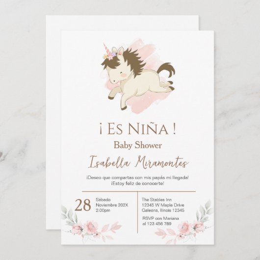 Baby shower espagnol invitation fille (Devant / Derrière)