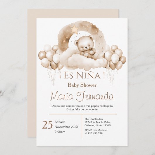 Baby shower espagnol invitation fille (Devant / Derrière)