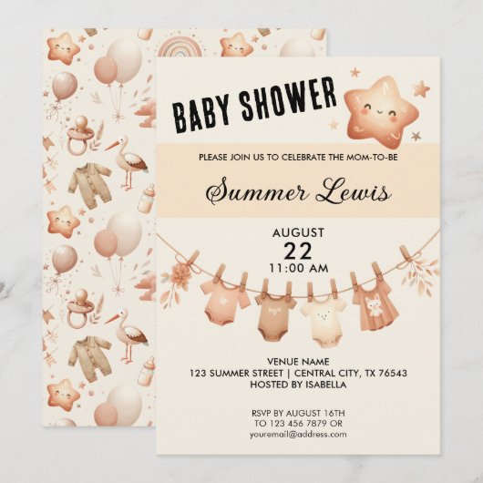 Baby shower étoile mignonne - Invitation de ligne  (Devant / Derrière)