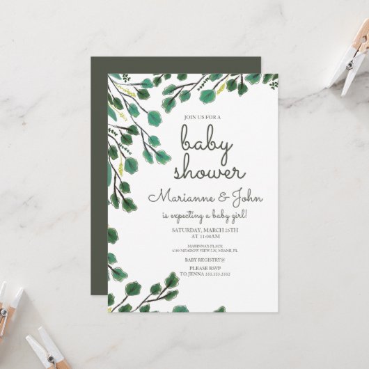 Baby shower Eucalyptus Main Tirée Leaf Invitation (Devant/Arrière en situation)