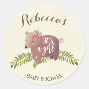 baby shower faveur autocollant woodland bear girl