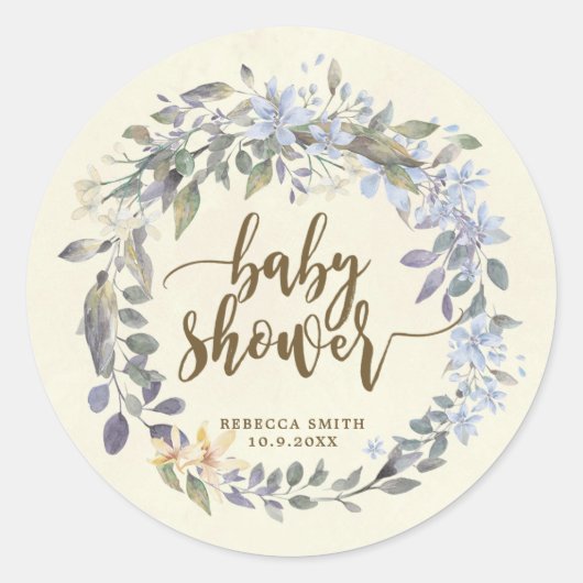 baby shower favorise autocollants boho bleu floral (Devant)