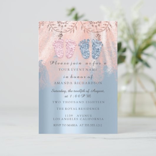 Baby shower Feet Silver Girl Boy Royal Twins Glam Kaart (Staand voorkant)