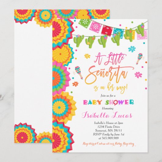 Baby shower Fiesta Invitation Fille Fiesta Douche (Devant / Derrière)