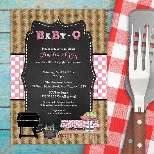 Baby Shower Fille Baby-Q, invitations pour un BBQ 