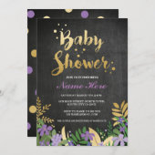 baby shower fille garçon Invitation or violet rose (Devant / Derrière)