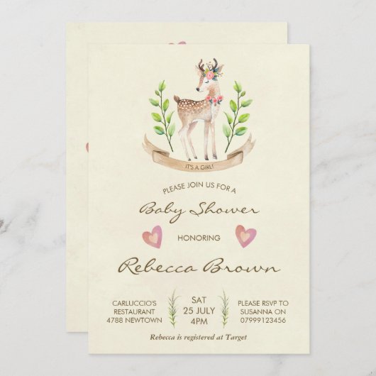 baby shower fille invitation bois cerf de forêt (Devant / Derrière)
