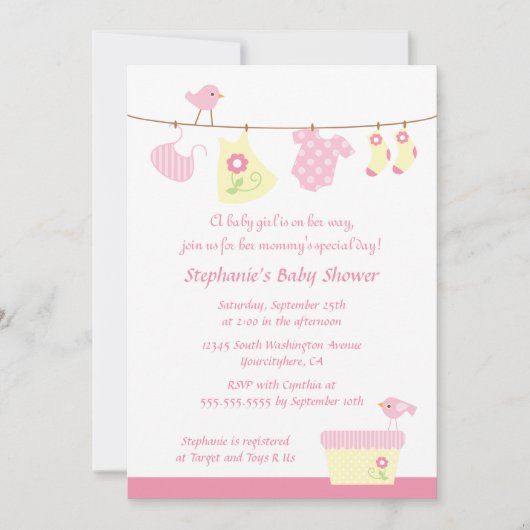 Baby shower fille oiseaux de lessive invitation (Devant)