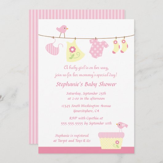 Baby shower fille oiseaux de lessive invitation (Devant / Derrière)