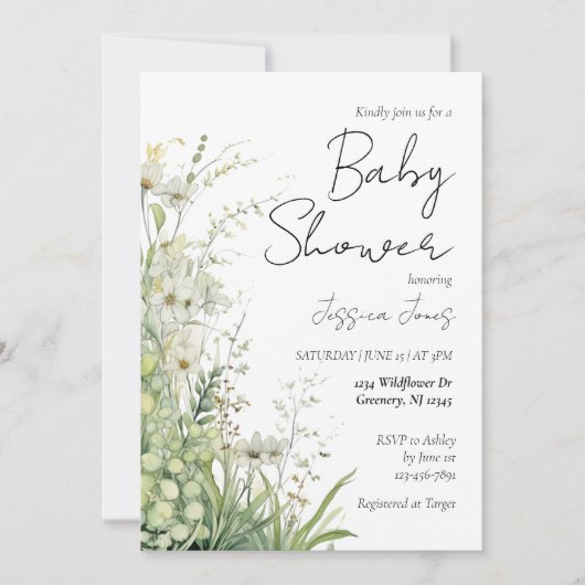 Baby shower Fleur sauvage vert Invitation (Devant)