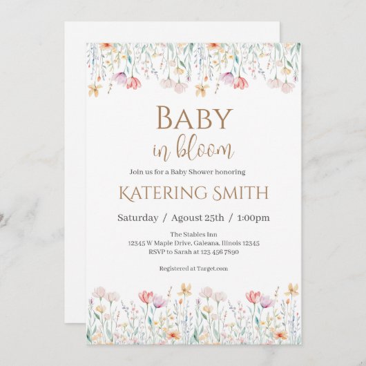Baby shower fleuri Boho Invitation fille (Devant / Derrière)