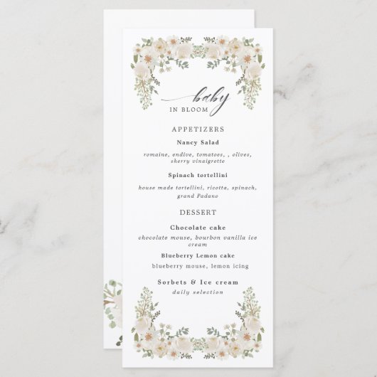 baby shower fleuri d'ivoire de bébé menu (Devant / Derrière)