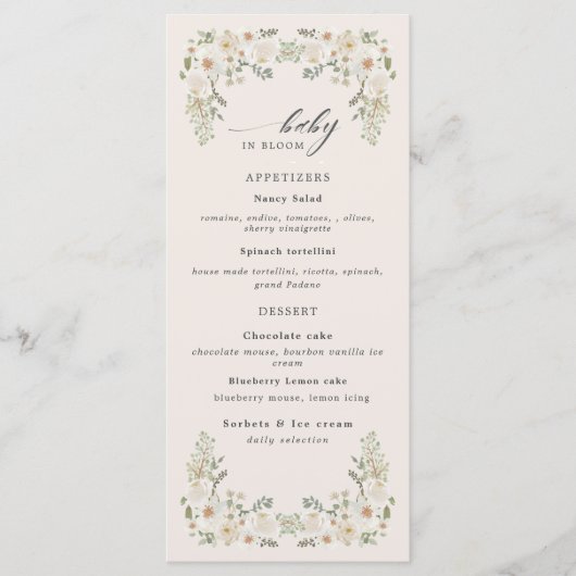 baby shower fleuri d'ivoire de bébé menu (Devant)