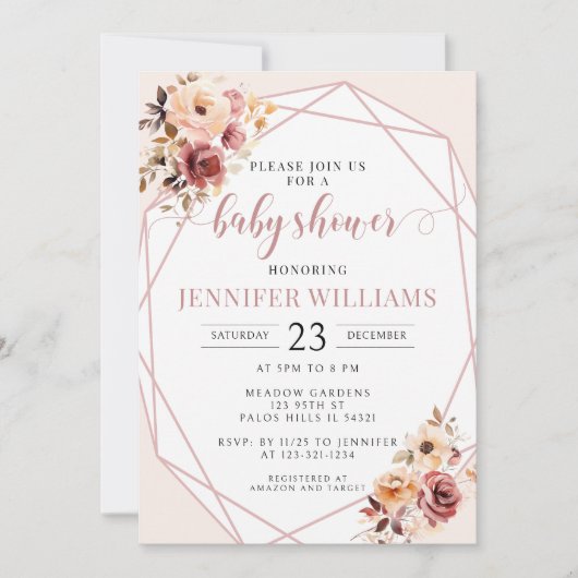 Baby shower fleuri en terre cuite crème invitation (Devant)