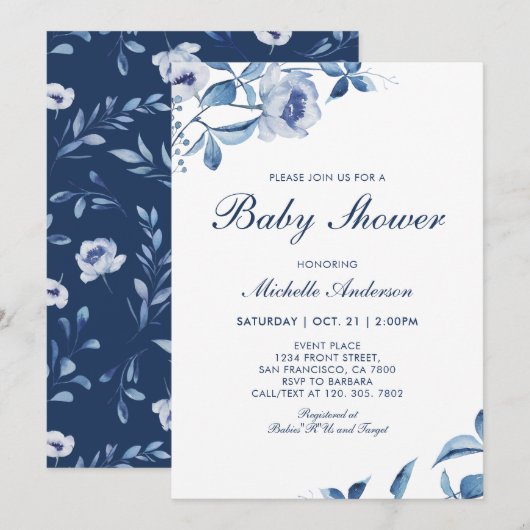 Baby shower Floral Aquarelle Bleue Invitation (Devant / Derrière)