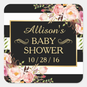 Baby shower Floral Black White Striped Gold Lijst Vierkante Sticker