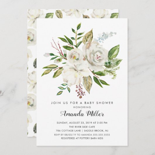 baby shower floral blanc Invitation (Devant / Derrière)