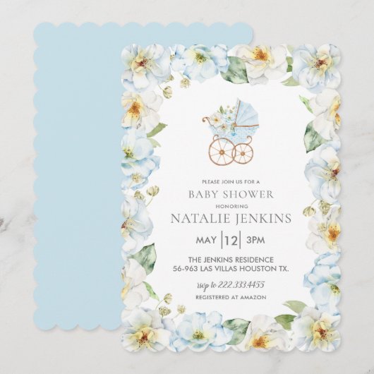 Baby shower Floral Bleu Boy Invitation (Devant / Derrière)