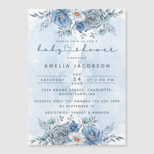 Baby shower floral bleu et argent Invitation (Devant)