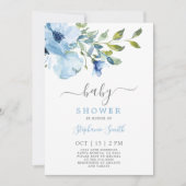 Baby shower Floral Bleu Invitation garçon (Devant)
