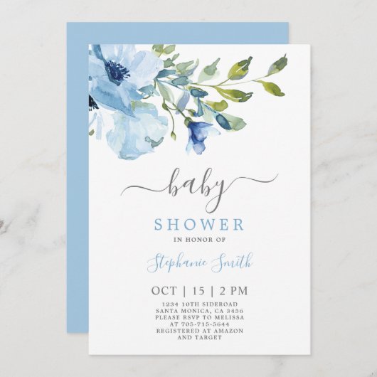 Baby shower Floral Bleu Invitation garçon (Devant / Derrière)