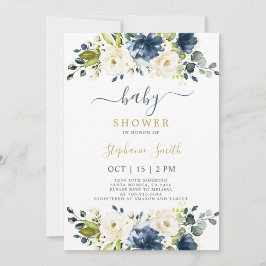Baby shower floral bleu marine Invitation garçon (Devant)