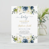 Baby shower floral bleu marine Invitation garçon (Debout devant)