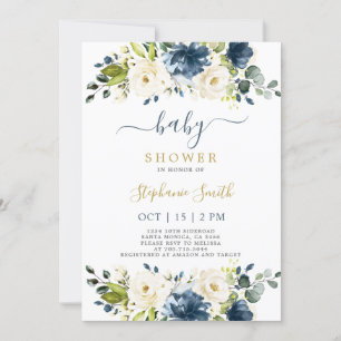 Baby shower floral bleu Navy Invitation de garçon