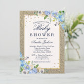 Baby shower floral bleu or  Invitation (Debout devant)