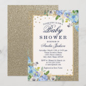 Baby shower floral bleu or  Invitation (Devant / Derrière)