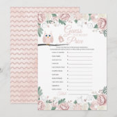 Baby shower Floral Chouette rose Carte de prix (Devant / Derrière)